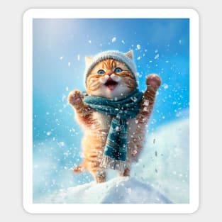 Happy cute kitten snow jump Sticker